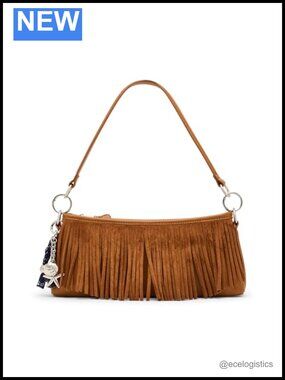 Faux Suede Fringe Shoulder Bag Satchel with Zip Closure